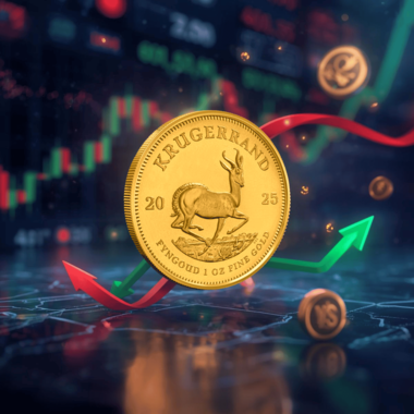 Krugerrand coin with price arrows illustrating short-term price volatility and trading opportunities