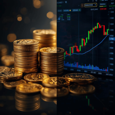 Krugerrand coins contrasted with paper gold charts, illustrating how gold trading behaves differently during market volatility.