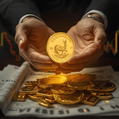 Krugerrand coin above paper gold contracts, representing reduced counterparty risk in gold trading.