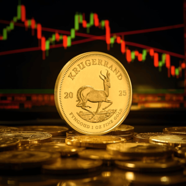 Krugerrand coin with US dollar trends and live gold trading charts, highlighting dollar strength impact on pricing.