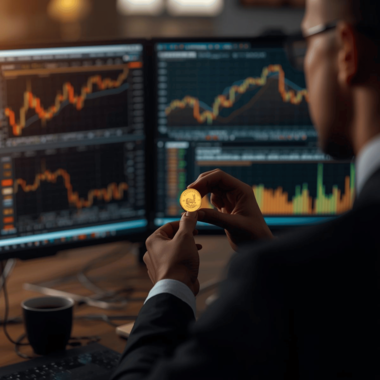 Investor with Krugerrand coin observing live gold trading data, showing physical gold demand in volatile markets.