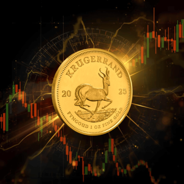 Krugerrand displayed with volatile rand currency and live gold trading data, showing amplified price movements.