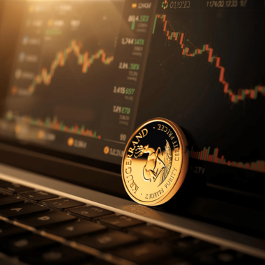 Krugerrand alongside live gold trading and currency dashboards, representing informed evaluation of krugerrand worth today.