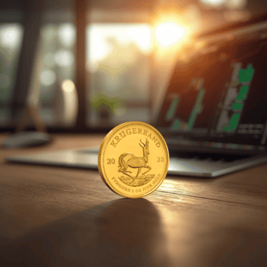 Krugerrand coin with portfolio charts in background, illustrating a gold trading strategy for diversifying investments.
