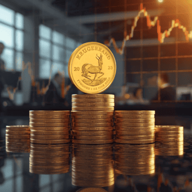 Krugerrand coins with floating risk sentiment indicators, showing how the price of a Krugerrand coin reflects investor confidence.