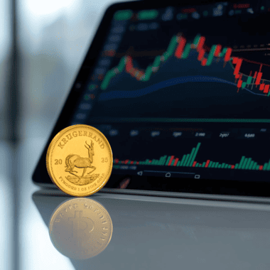 Krugerrand coin beside digital charts of stocks and bonds, representing a gold trading strategy for portfolio diversification.