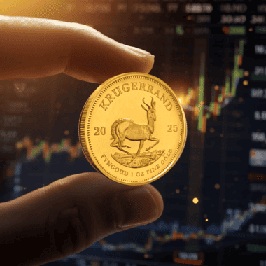 Investor holding a Krugerrand with live gold charts and rising premiums, highlighting the price of a Krugerrand coin during periods of market uncertainty.