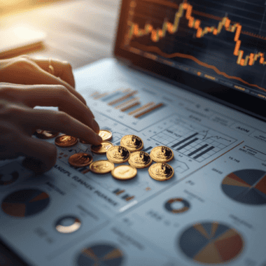 Hands placing Krugerrands on portfolio charts, showing strategic allocation for a gold trading strategy.