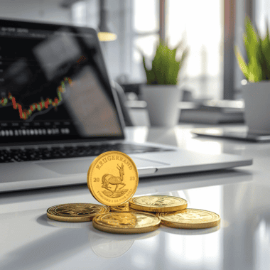Krugerrand coins with laptop showing calm gold market charts, illustrating softer premiums and improved market confidence reflected in the price of a Krugerrand coin.