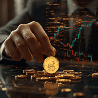 Trader picking up a Krugerrand with physical vs paper gold overlays, showing how physical demand influences the price of a Krugerrand coin.