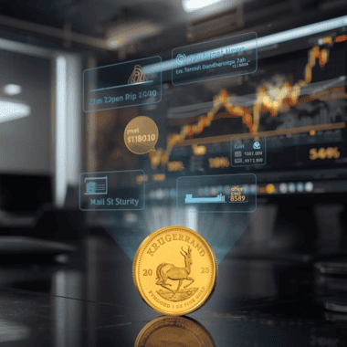 Krugerrand coin with holographic market alerts and gold charts, illustrating how the price of a Krugerrand coin reacts before financial headlines.