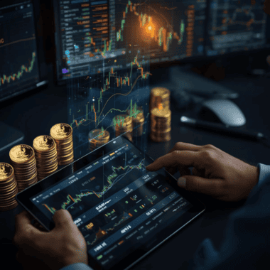 Trader monitoring live Krugerrand prices on tablet with holographic charts, demonstrating a gold trading strategy on ISA Gold platform.