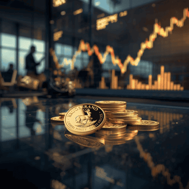 Krugerrand coins with reflected risk-aversion charts, illustrating how investor psychology impacts the price of a Krugerrand coin.
