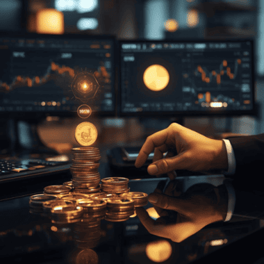 Trader reviewing Krugerrand allocation with holographic charts, illustrating a gold trading strategy for portfolio diversification and stability.