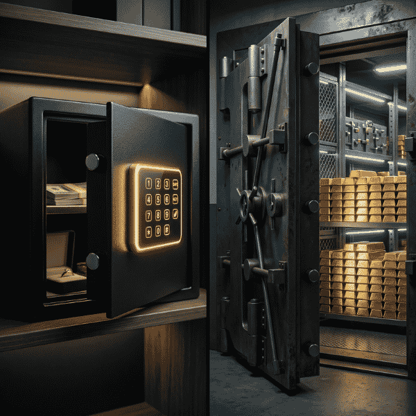  Home safe contrasted against high security vaulting showing how to buy gold in south africa without home security risks