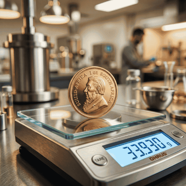 Digital precision scale showing 33.93g gross weight to calculate exact fine gold krugerrand value