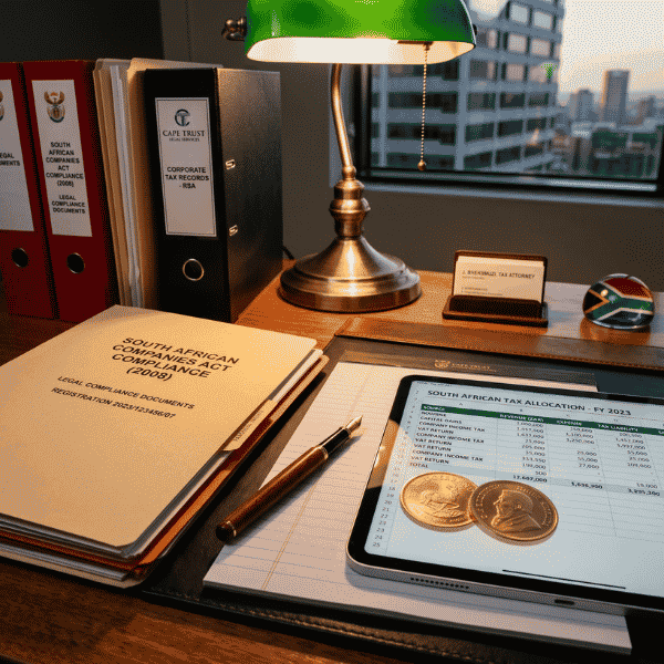 Compliance documents and physical coins outlining with full SARS tax transparency