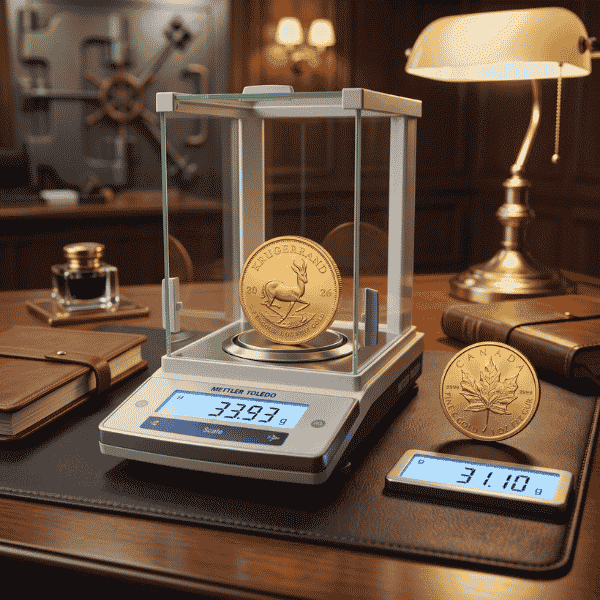 Precision scale displaying mass comparison illustrating krugerrand vs 24k gold fine metal content