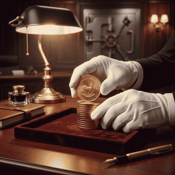 White-gloved hand inspecting durable coins highlighting krugerrand vs 24k gold handling protection
