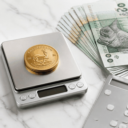 Gold Krugerrand weighed on a digital scale beside rand banknotes, showing how the krugerrand coin price is calculated.