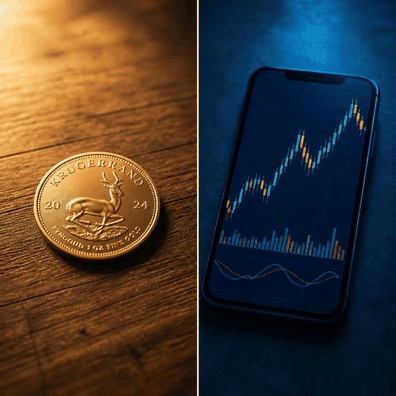 Gold ETF vs Krugerrand coin side by side, physical gold on one side and a phone trading screen on the other