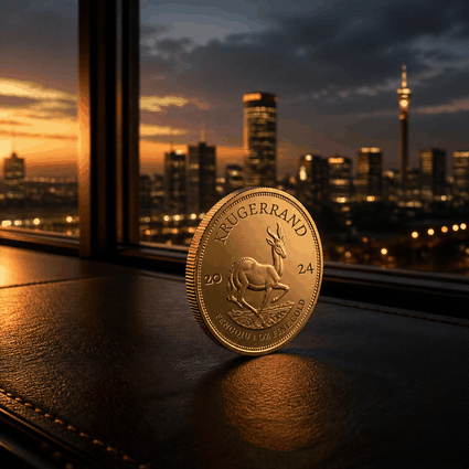 Gold Krugerrand in front of the Johannesburg skyline at dusk, illustrating how the rand moves the krugerrand coin price today.