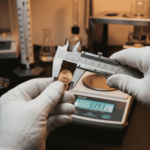 Precision caliper measurement and scale verification explaining fabrication costs across fractional gold krugerrand sizes