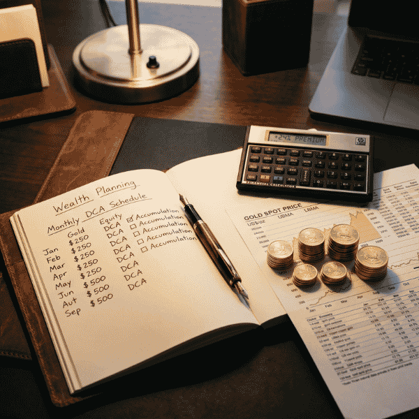 Financial planning desk modeling DCA strategy and bid-ask spreads for fractional gold krugerrand sizes