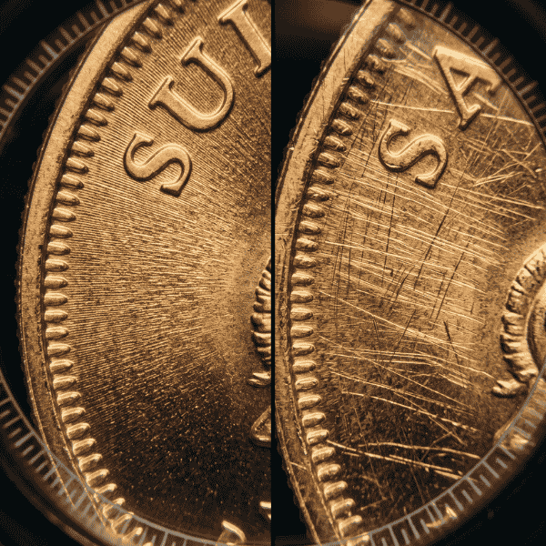 Macro comparison of natural mint luster versus scratches caused by attempts to clean gold bullion coins