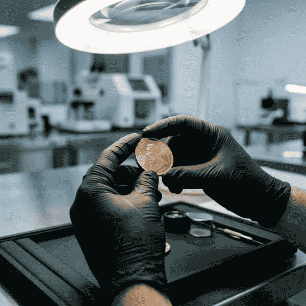 Gloved hands demonstrating proper edge-only handling instead of trying to clean gold bullion coins