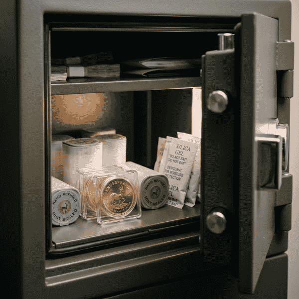 Rigid acrylic capsules and desiccant packs providing safe archival storage to never clean gold bullion coins