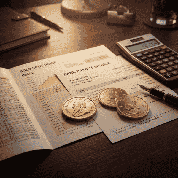 Trading desk invoice and bullion comparing dealer payout tiers for how much is a kruger coin worth