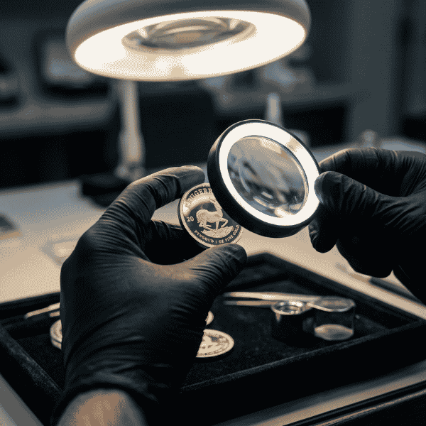 Numismatic coin inspection verifying edge serrations and surface grade for how much is a kruger coin worth
